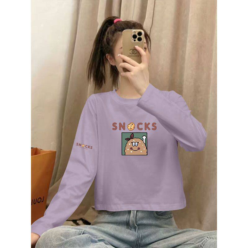 秋冬100%纯棉女装短款长袖T恤时尚洋气宽松遮肉显瘦小个子ins上衣