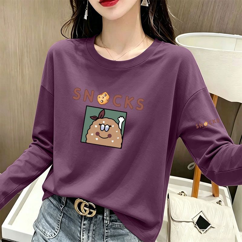 暗紫色纯棉长袖印花圆领T恤女
