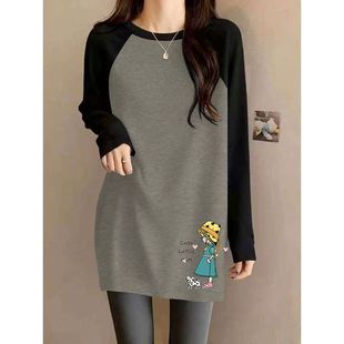 秋冬插肩袖德绒磨毛长袖打底衫女时尚潮流百搭宽松显瘦中长款上衣