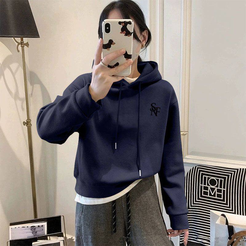 秋冬新款纯棉加绒加厚连帽高腰短款卫衣女韩版洋气百搭显瘦上衣潮