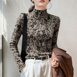显瘦百搭印花上衣服 洋气修身 秋冬德绒保暖磨毛半高领打底衫 女时尚