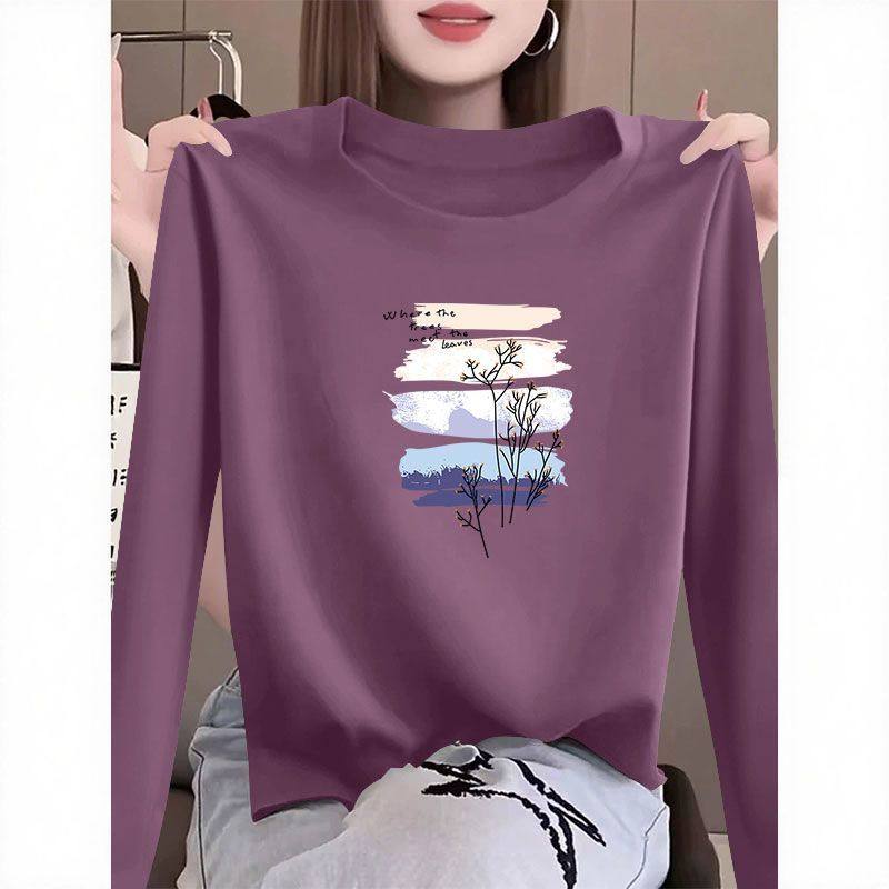 春秋100%纯棉长袖印花圆领T恤女时尚新款洋气韩版百搭宽松ins上衣