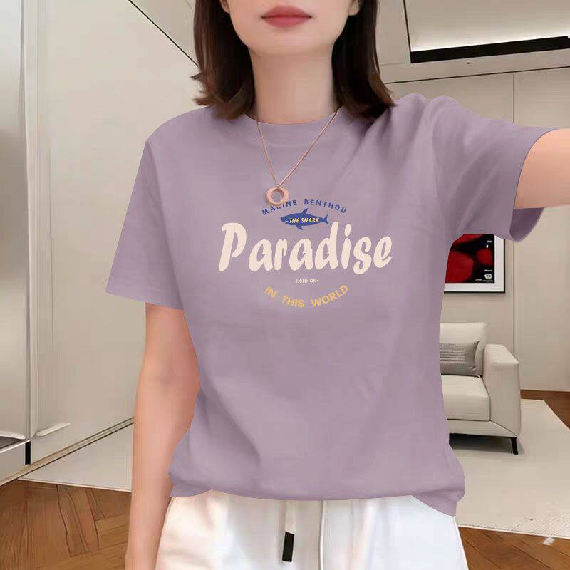 芋紫色纯棉短袖印花圆领T恤女