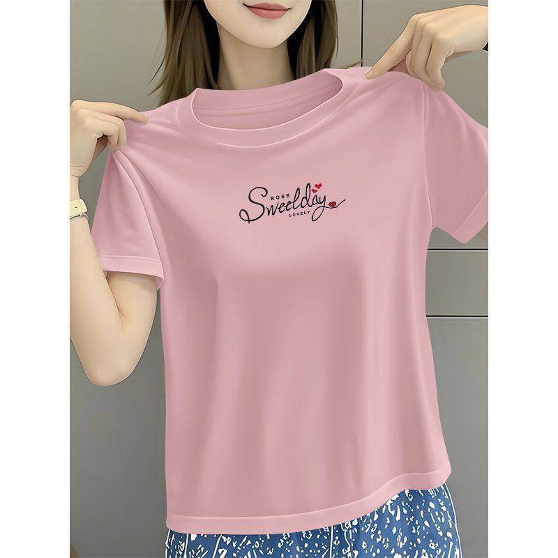 100%纯棉粉色短袖印花T恤女夏季时尚韩版洋气百搭宽松显瘦ins上衣