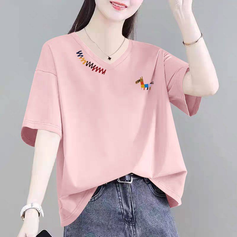 夏季纯棉粉色V领短袖薄款T恤女时尚洋气爆款百搭宽松显瘦休闲上衣