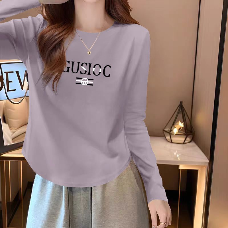 纯棉女士长袖弧形T恤韩版洋气