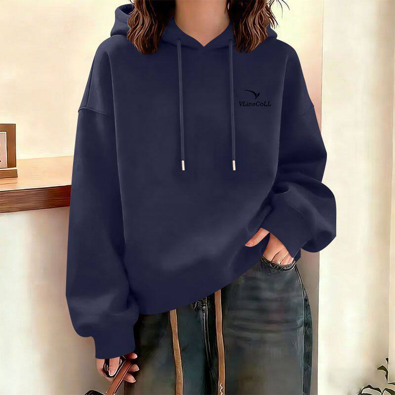 藏青色加绒加厚纯棉短款连帽卫衣女时尚潮流百搭显瘦小个子上衣服