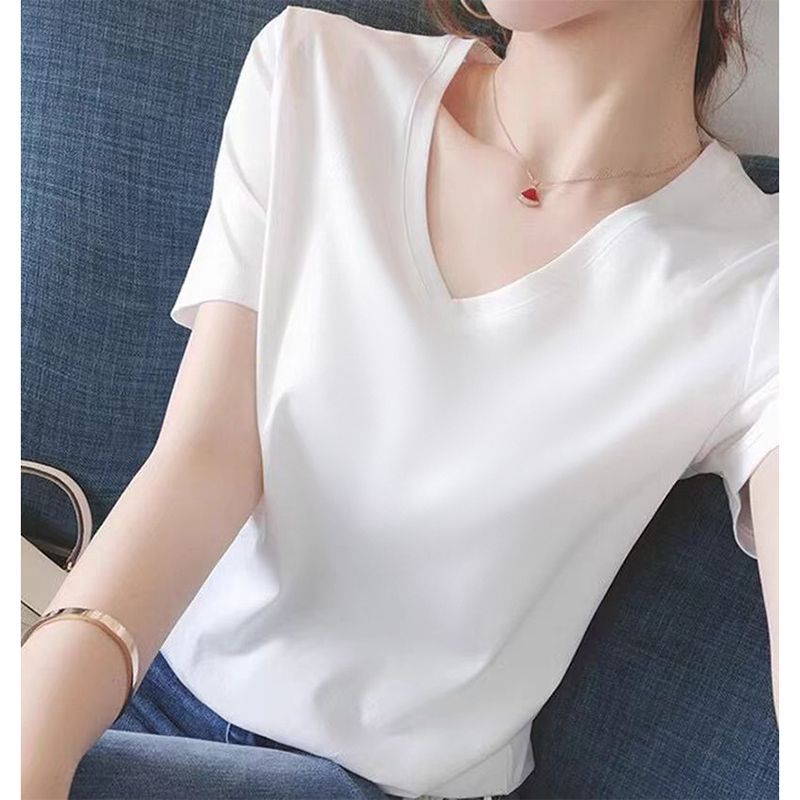 100%纯棉女短袖V领T恤夏季新款