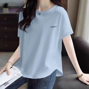100%纯棉弧形下摆中长款短袖T恤女夏季时尚洋气潮流百搭显瘦上衣