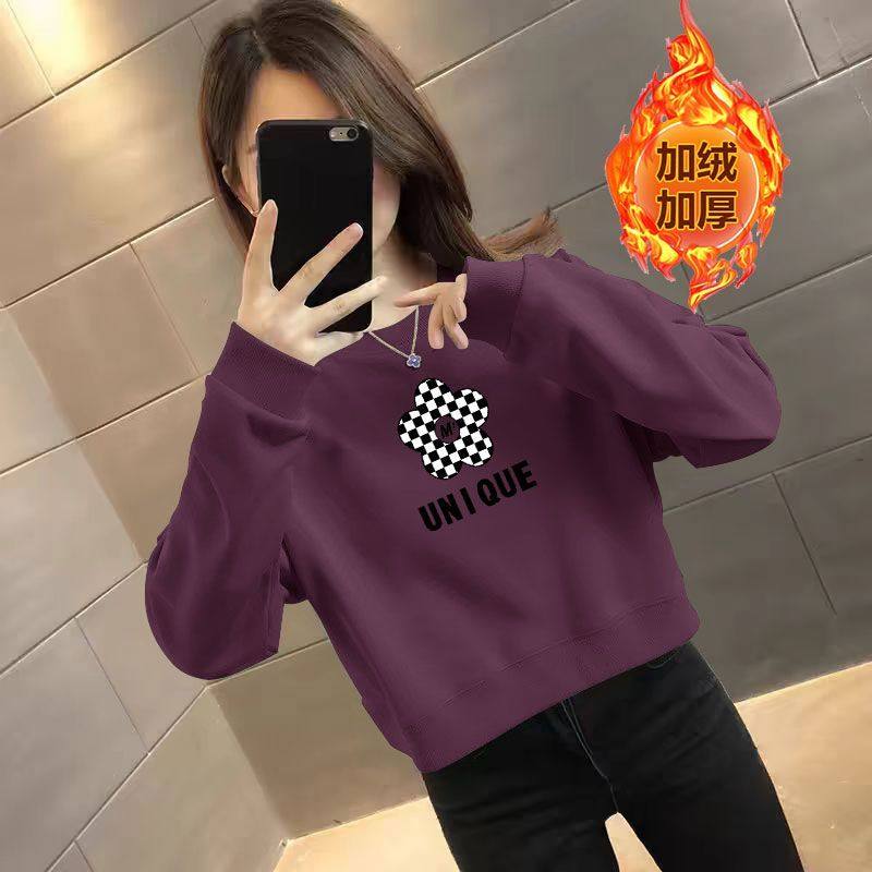 秋冬加绒加厚纯棉短款卫衣女时尚洋气韩版百搭减龄小个子休闲上衣