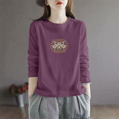 春秋新款纯棉圆领长袖T恤女