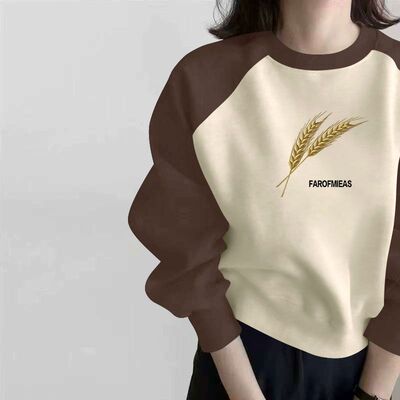 秋冬撞色插肩袖短款纯棉卫衣