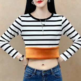 秋冬爆款加绒加厚条纹打底衫卫衣女时尚洋气减龄百搭显瘦大码上衣