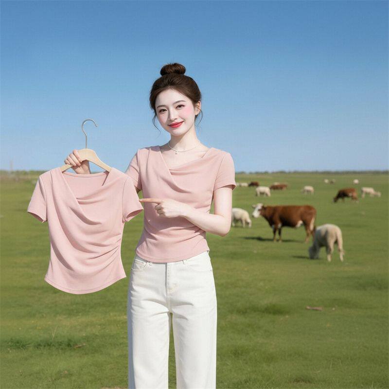 韩系荡领短袖打底衫T恤女