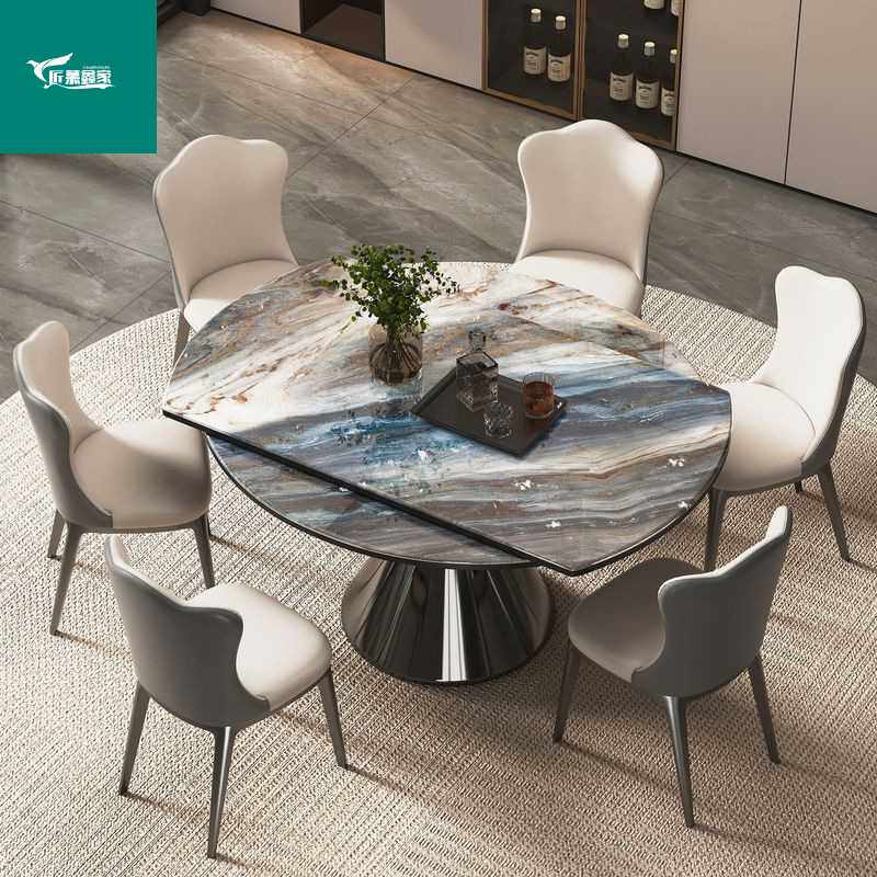 2025新款可折叠大理石餐桌椅意式高级感微晶石餐桌可旋转伸缩圆桌