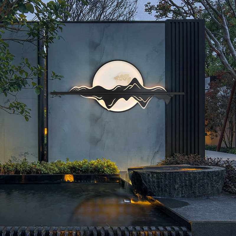 迎客松户外防水新中式壁灯别墅花园景观庭院山水禅意背景墙壁画灯