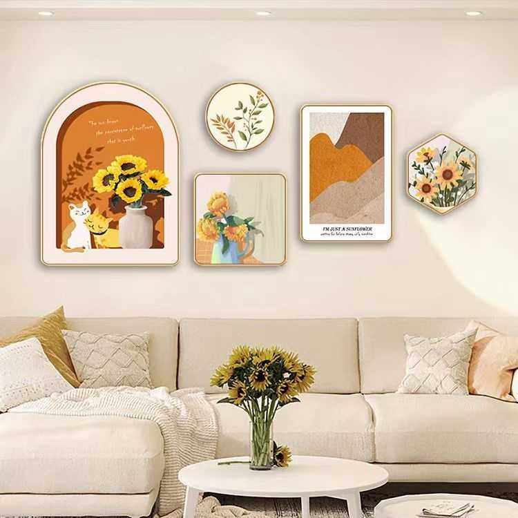 北欧客厅装饰画沙发背景墙挂画壁画现代简约组合画五联向日葵带表