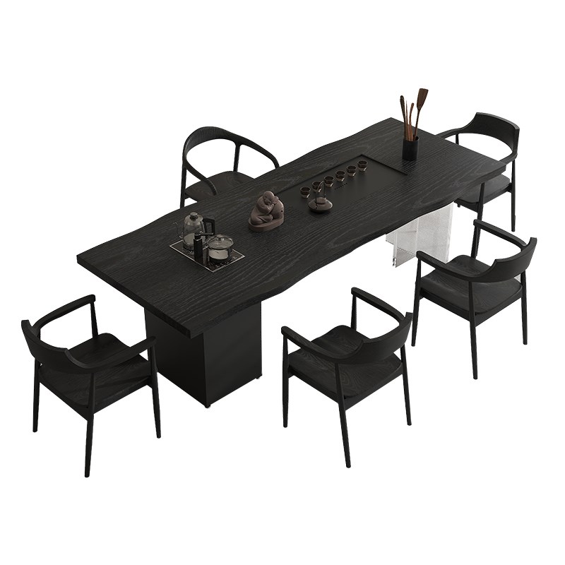 侘寂风实木茶桌椅组合茶r盘烧水壶一体碳化黑原木大板泡茶桌亚克