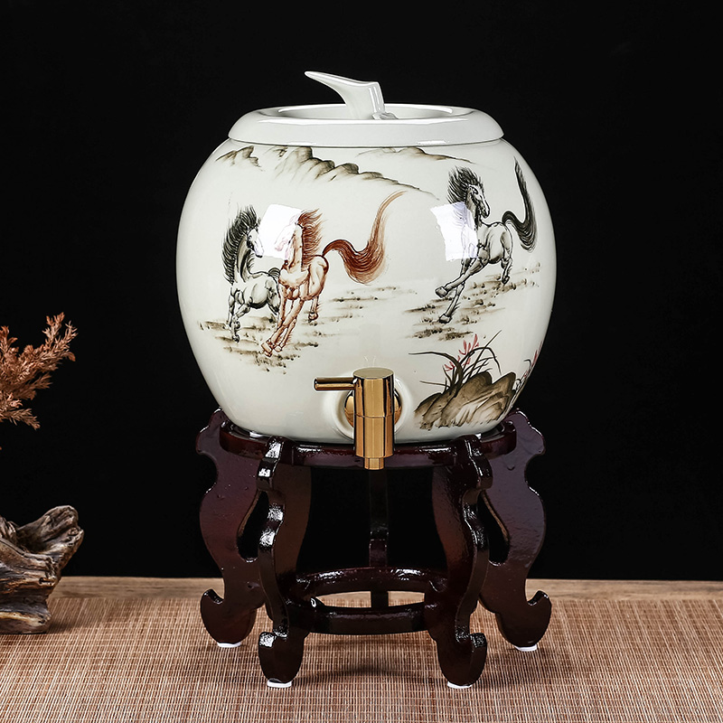 5升手画陶瓷冷水壶带龙头装开水 汗蒸室凉瓶大容量家W用耐高温泡