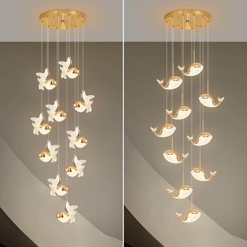楼梯间客厅大吊灯空阁楼梯吊灯金鱼长线新款复式楼挑loft高挑吊灯