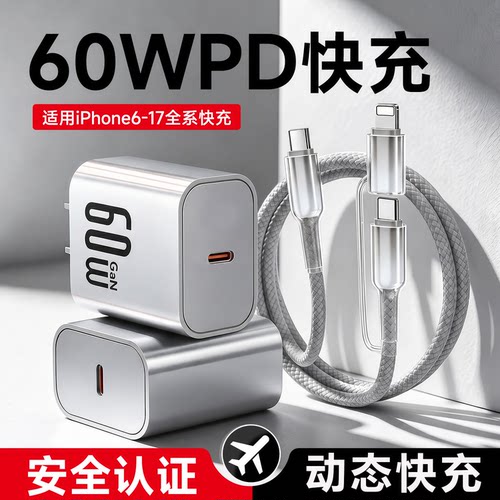 40WPD60w充电器适用苹果17/16充电器15promax快充iPhone插头14手机小冰块充电头typec数据线原套装正品ipad