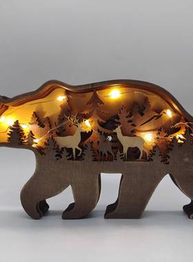 北美森林动物家居装饰木质摆件工艺品创意狼图腾木制雕刻大象亲子