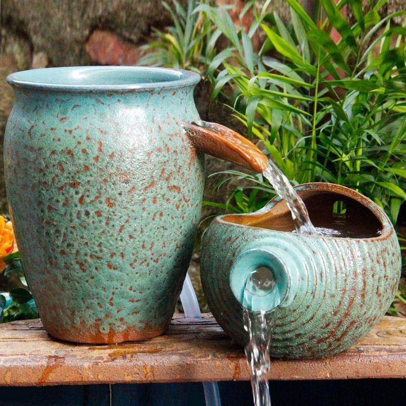 生态缸古法养鱼流水陶罐摆件酒店民宿复古日式造景开口过滤循环水