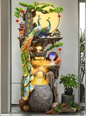 孔雀落地假山流水摆件客厅风水轮开业招财加湿器喷泉高山循环水景