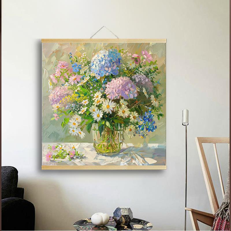 北欧油画风肌理植物繁花朵花卉实木卷轴挂画电表箱墙面遮丑装饰画图片