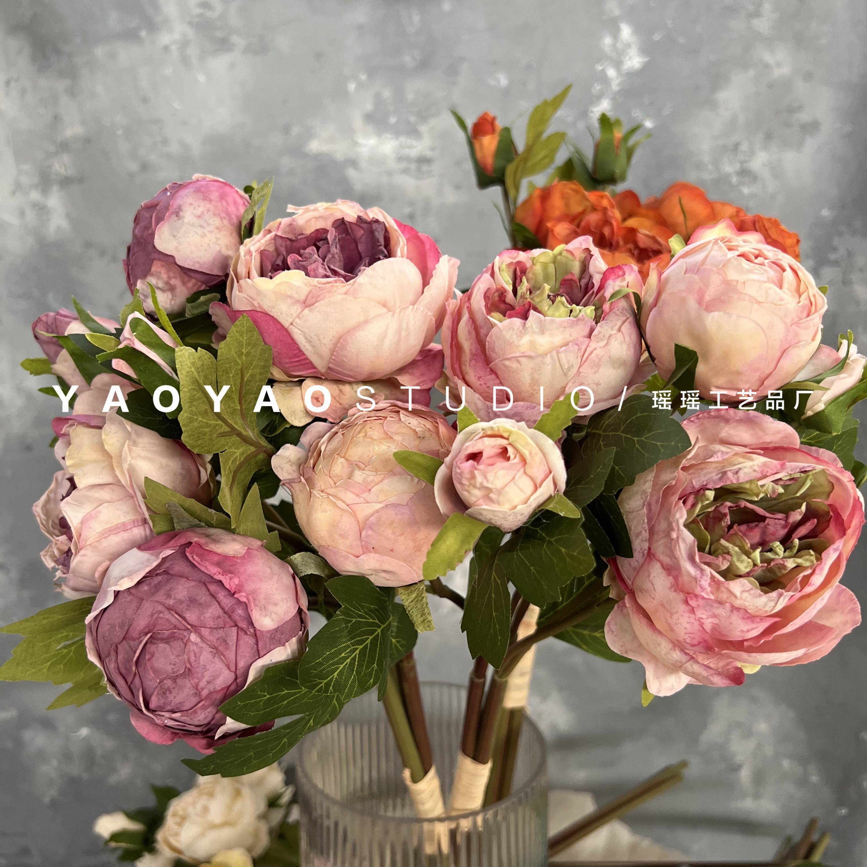 把束6头烤边牡丹 复古油画烤焦芍药干燥牡丹花室内客厅摆件装饰图片