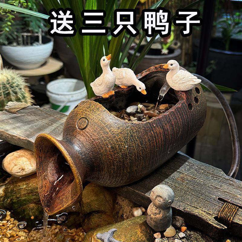 生态鱼缸彷木桶循环流水过滤可种绿植庭院造景树脂材质装饰品摆件