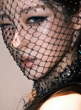 冷面女神欧美配饰满钻面罩弹力黑色网格头罩头巾闪钻音乐节渔网
