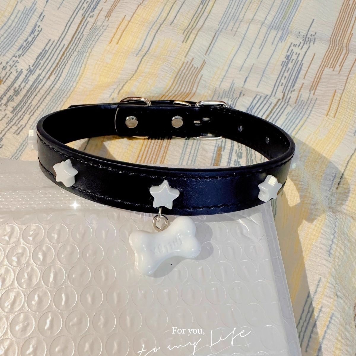 小狗爱恋骨头星星吊坠PU项圈