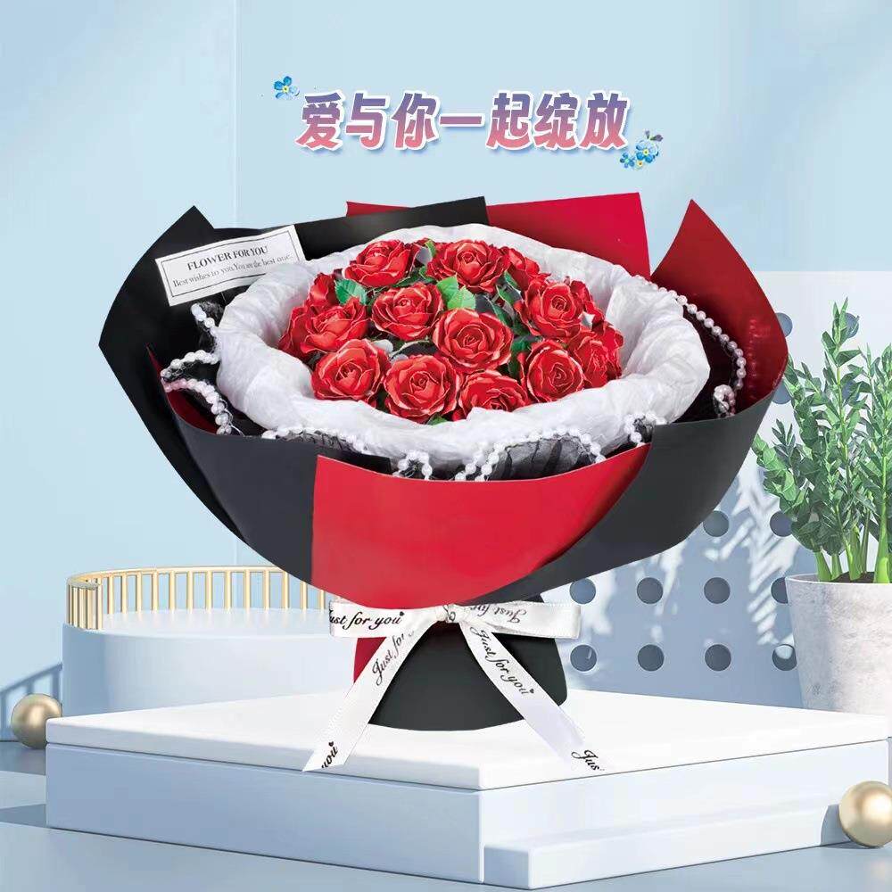 红玫瑰花束色妖姬钢琴提琴盆栽艺金属拼装模型3d立体拼图礼品