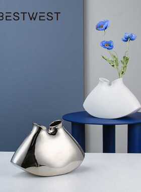 博西家居 双孔白色扇形不规则陶瓷花瓶摆件家居样板间装饰花器