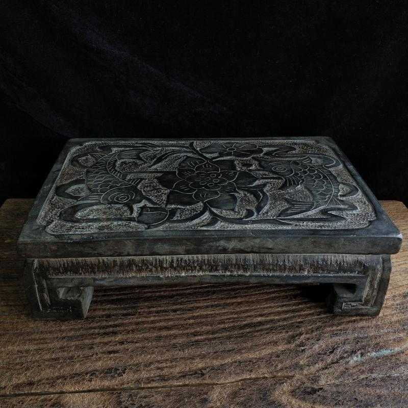 黑青石雕刻连年有余图克壶承茶托石狮砚台复古怀旧实用收藏