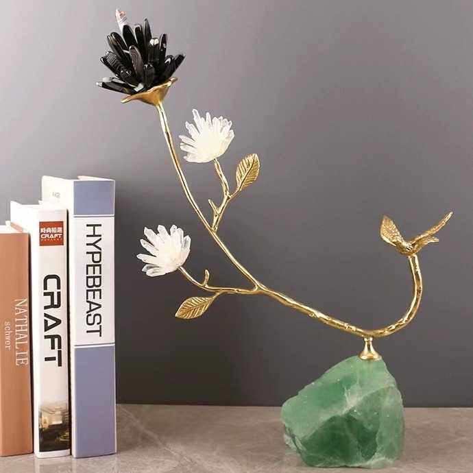 现代轻奢天然水晶石花纯铜鸟语花香摆件客厅玄关桌面家居软装饰品