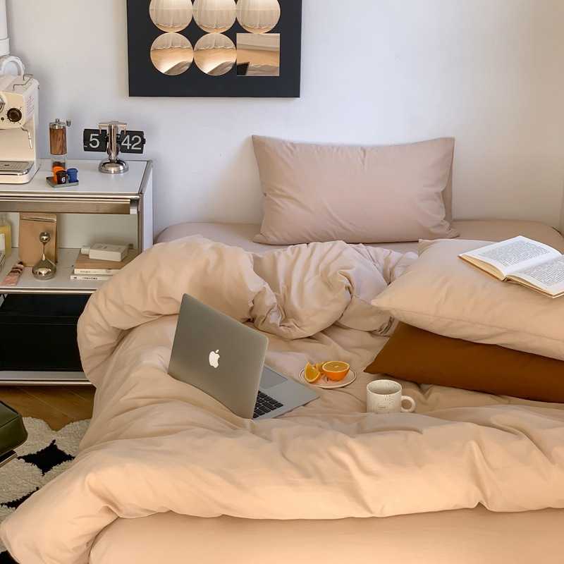 ins风简约纯色纯棉四件套素色全棉水洗棉宿舍三件套床单被套1.8米