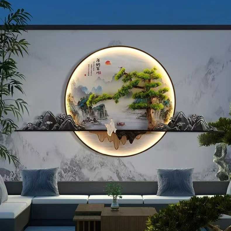 新中式客厅迎客松装饰画走廊山水禅意茶室茶台挂画壁灯沙发墙画灯