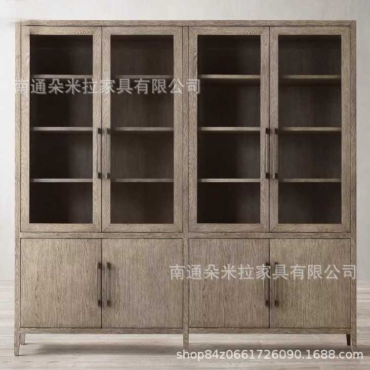 美式实木书柜高端乡村复古餐边柜客厅收纳储物柜做旧单双组书橱