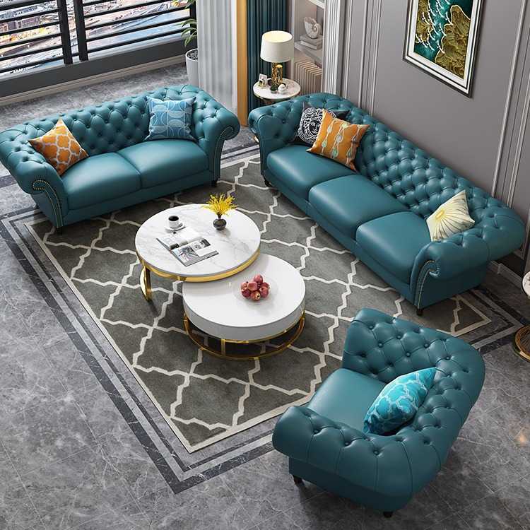 北欧轻奢美式小户型整装三人双人别墅区住宅区轻奢真皮拉扣沙发