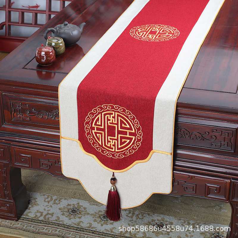 新中式餐桌桌旗茶几长条布艺餐边柜旗刺绣茶席茶台布床旗