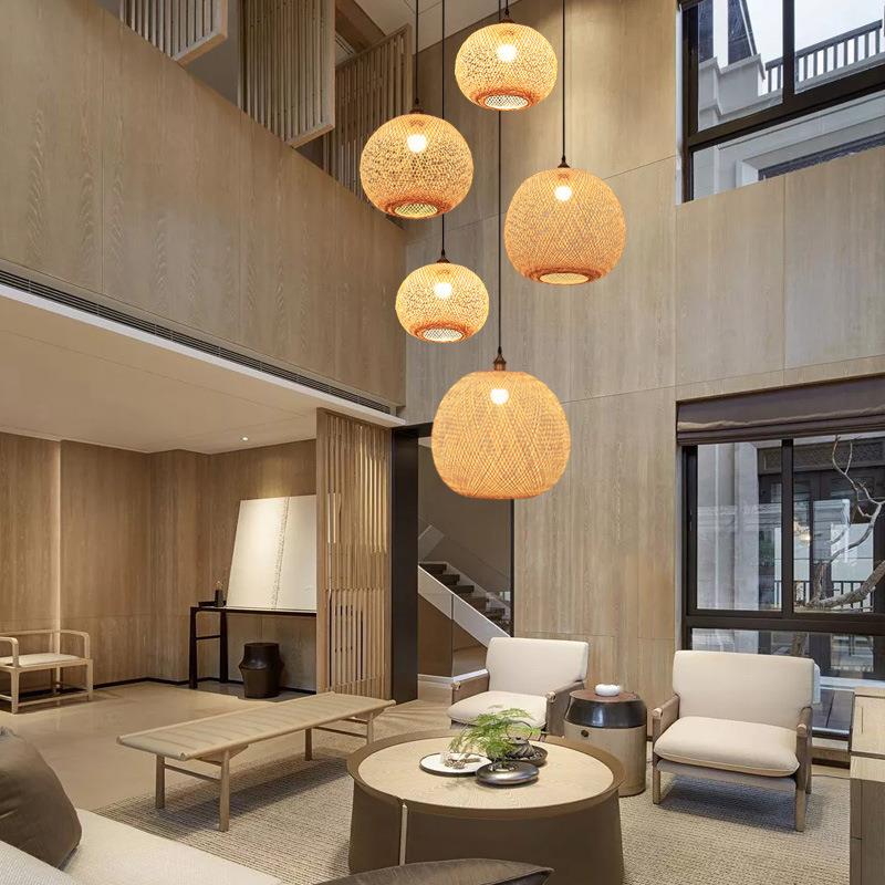 中式竹编球形吊灯田园茶室禅意楼梯间艺术民宿饭店日式侘寂风灯具