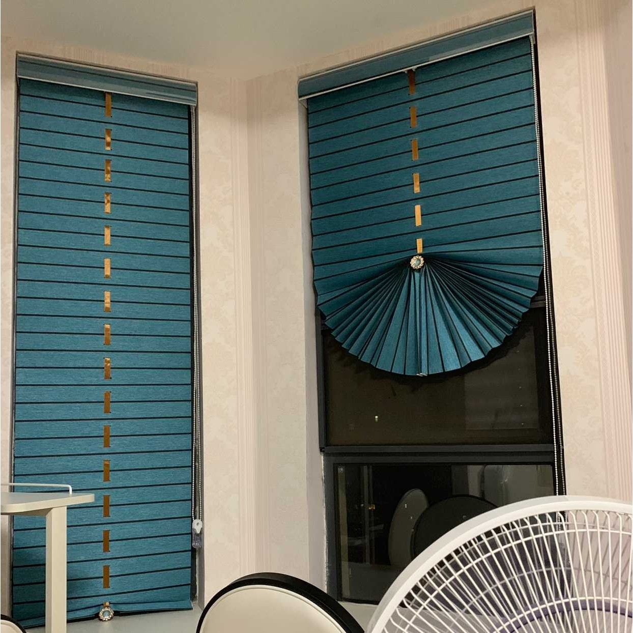 Y8Z纯色遮光窗帘 孔雀蓝扇形卷帘 拉帘升降窗帘卧室书房阳台扇形