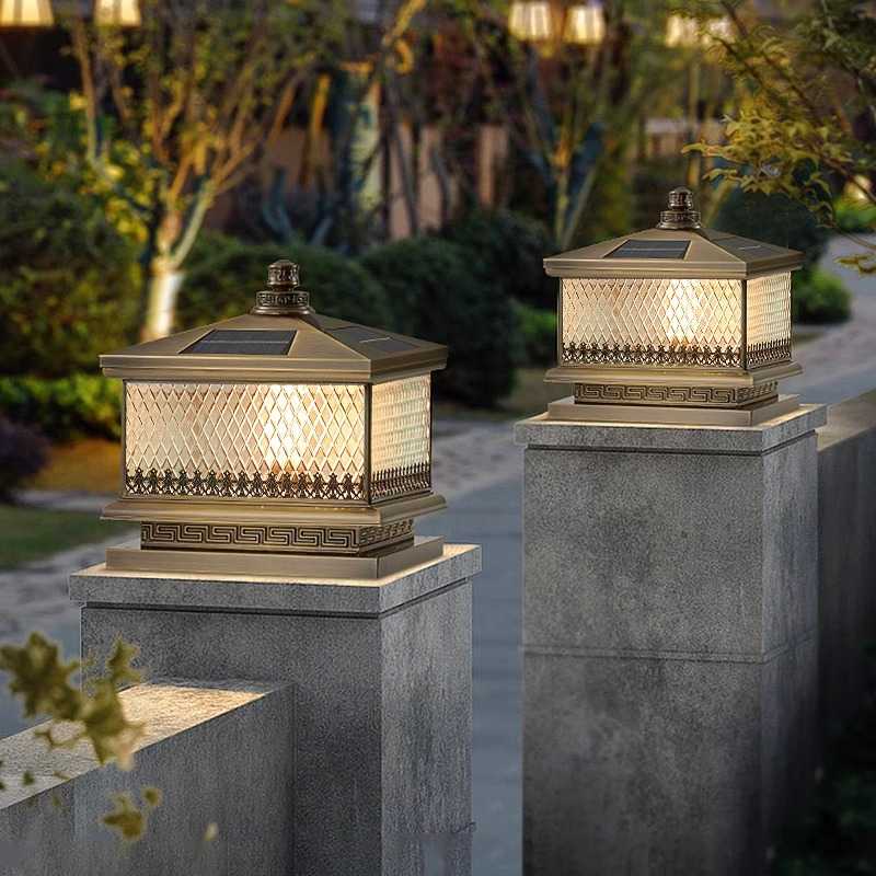 全铜太阳能柱头灯户外防水门柱灯简约别墅花园围墙灯大门口庭院灯