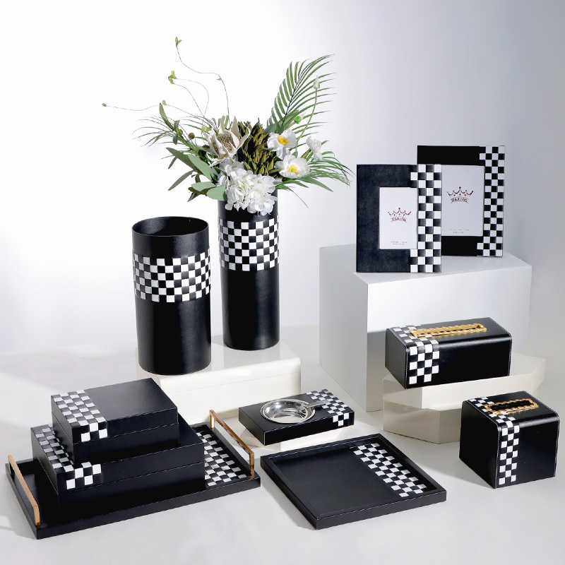 简约现代黑色超纤皮革相框纸巾盒首饰盒托盘花器烟灰缸组合摆件
