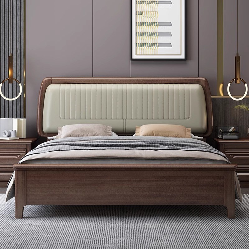 2023年新款实木床框架结构新中式E静音床板靠背垫软包带储物主卧