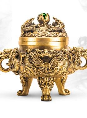 黄铜九转乾坤香炉九龙香炉龙香炉三足焚香炉黄铜摆件