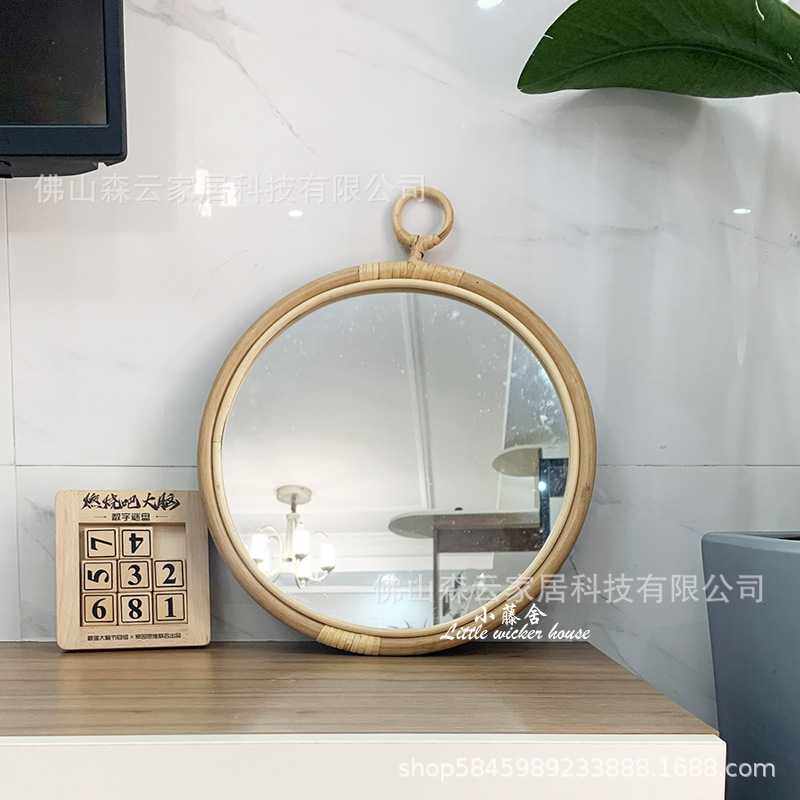 工厂直供藤编镜子 北欧圆形挂墙浴室镜手工镜家用民宿装饰化妆镜