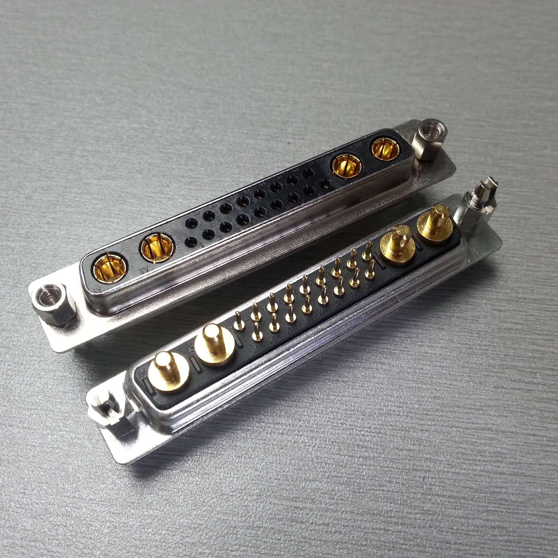 矩形大电流D-SUB21W4鱼叉铆锁直插母座 混装4+17直插焊板式连接器